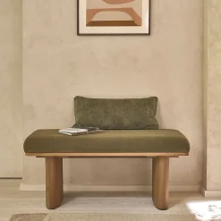 Banc en teck massif et tissu velours cotelé vert 100 cm