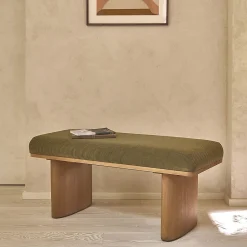 Banc en teck massif et tissu velours cotelé vert 100 cm