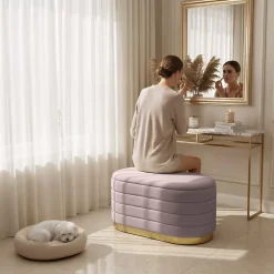 Banc en velours avec rangement 80 cm BELLA Rose Poudré