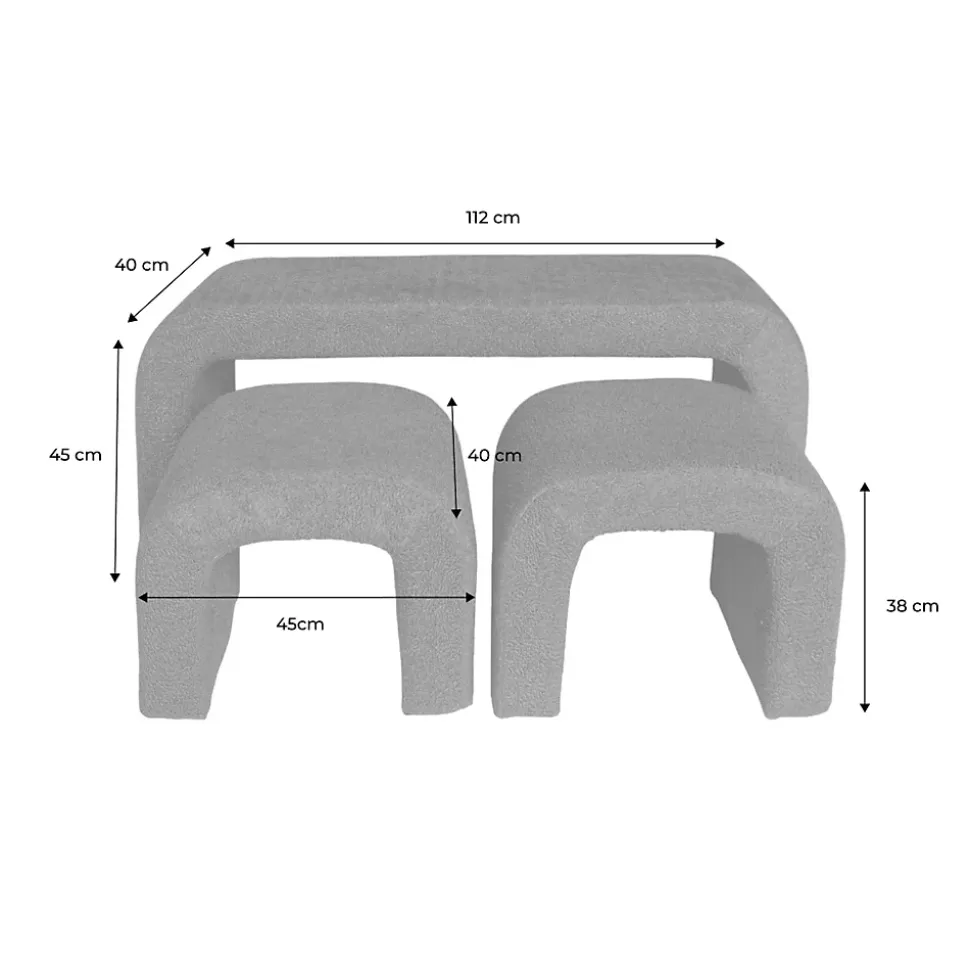 Banc et tabourets gigognes bouclette kaki L 112 x P 40 x H 45cm - Ino