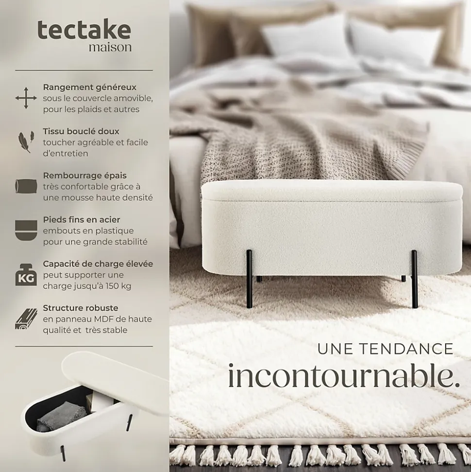 Banc LANJA rembourré, en tissu bouclé et avec espace de rangement en tissu bouclé rembourré