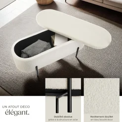 Banc LANJA rembourré, en tissu bouclé et avec espace de rangement en tissu bouclé rembourré