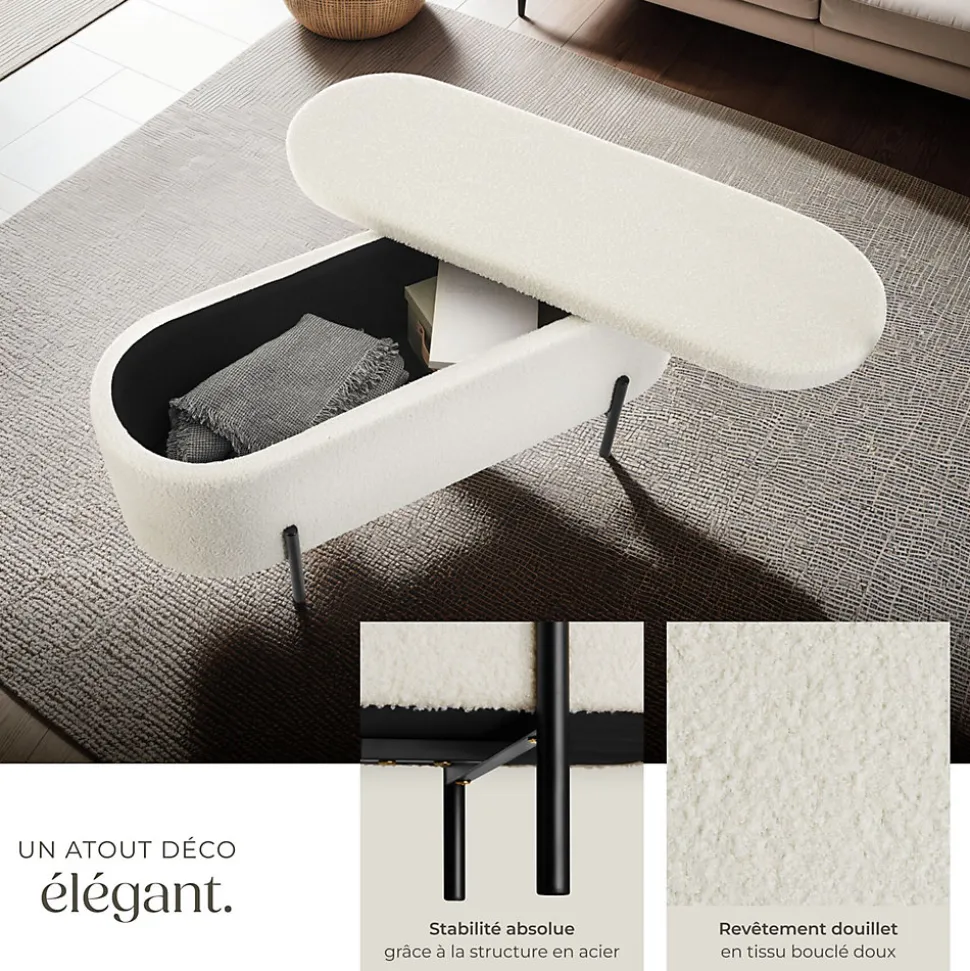 Banc LANJA rembourré, en tissu bouclé et avec espace de rangement en tissu bouclé rembourré