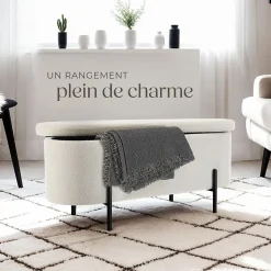 Banc LANJA rembourré, en tissu bouclé et avec espace de rangement en tissu bouclé rembourré