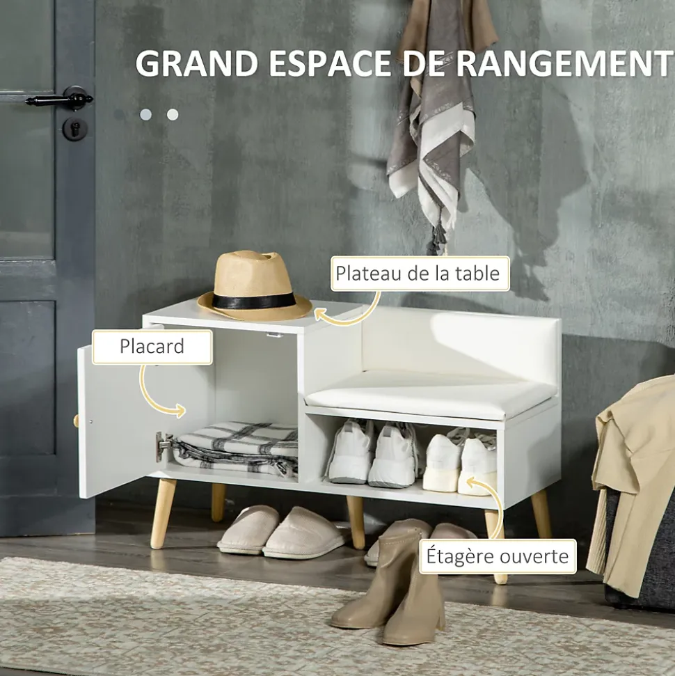 Banc meuble à chaussures 2 en 1 style scandinave - porte, niche, étagère - bois pin blanc