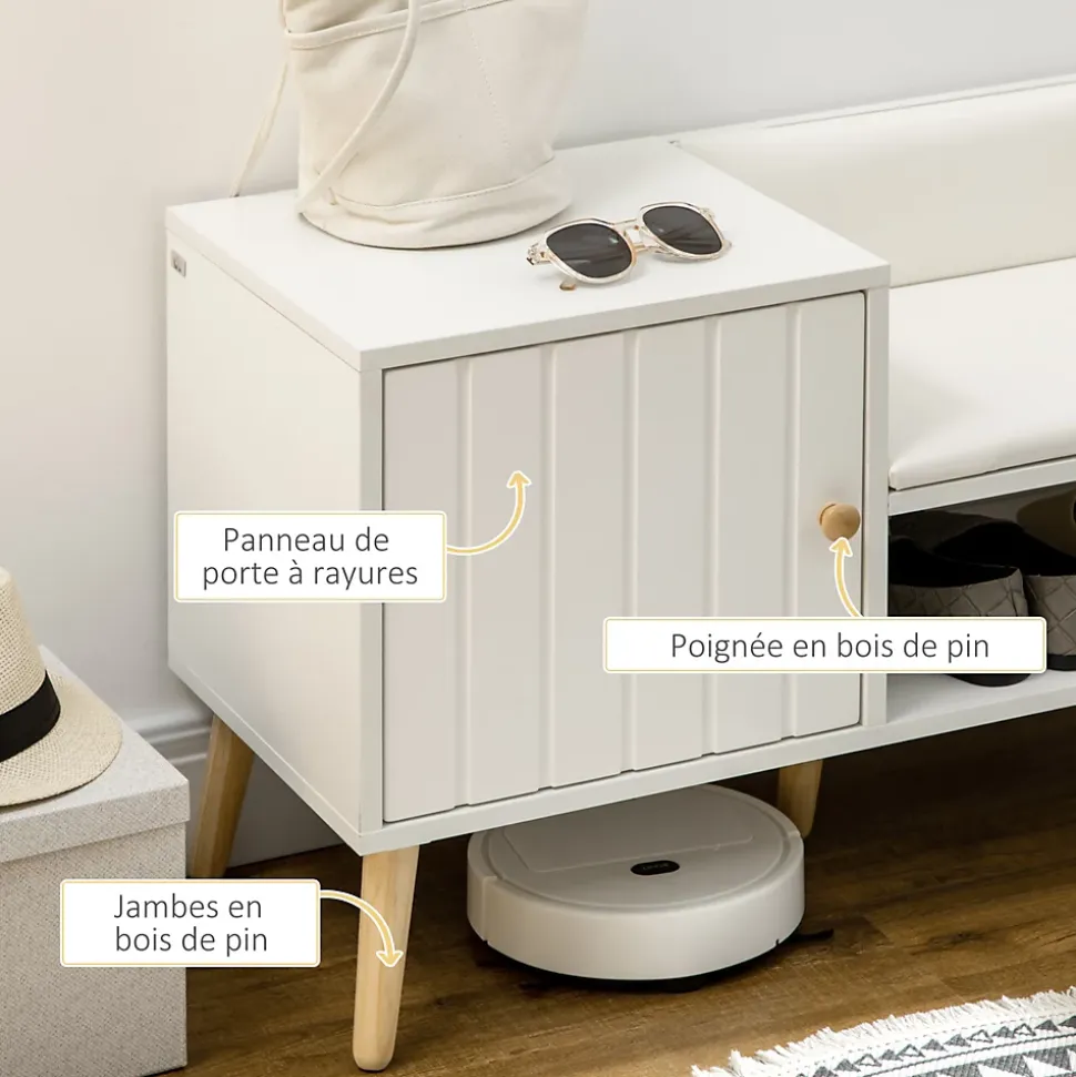 Banc meuble à chaussures 2 en 1 style scandinave - porte, niche, étagère - bois pin blanc