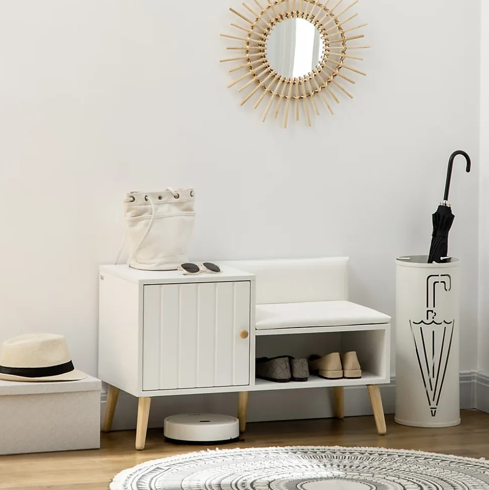 Banc meuble à chaussures 2 en 1 style scandinave - porte, niche, étagère - bois pin blanc