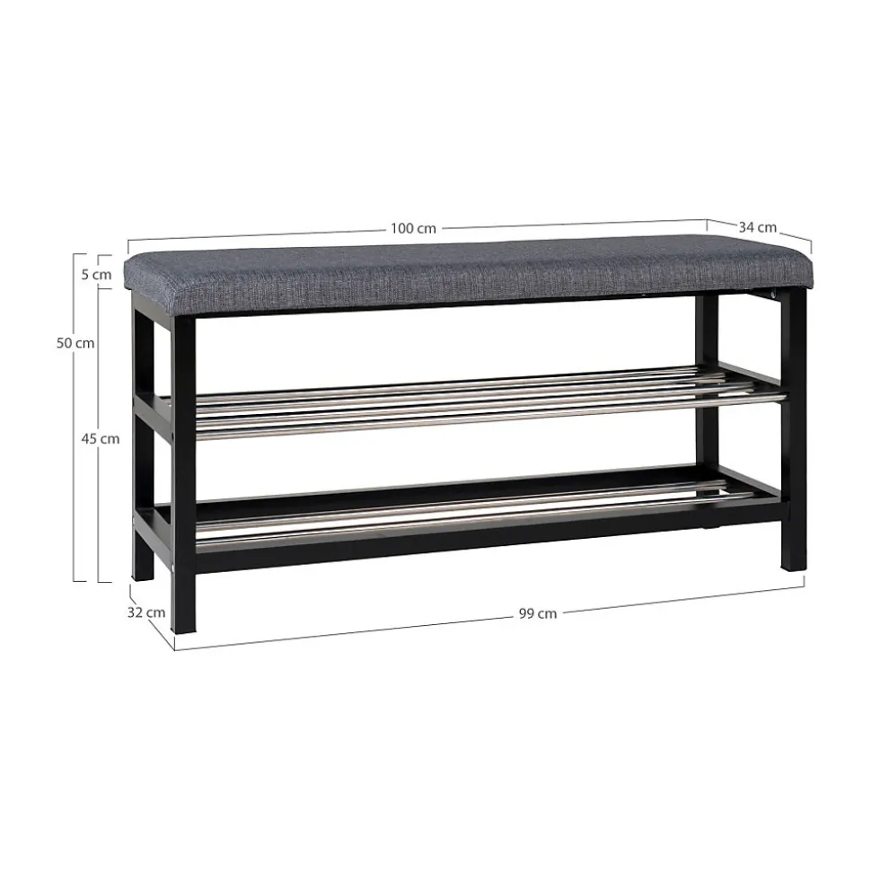 Banc Padova élégant avec coussin et étagères noires - 100x34x50 cm