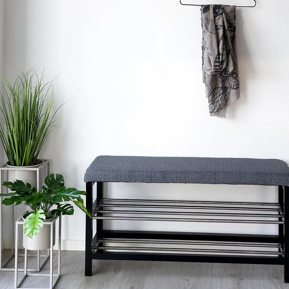 Banc Padova élégant avec coussin et étagères noires - 100x34x50 cm