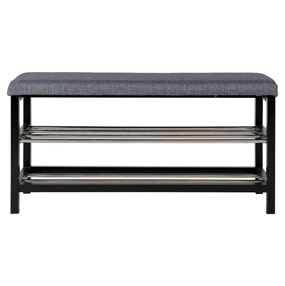 Banc Padova élégant avec coussin et étagères noires - 100x34x50 cm