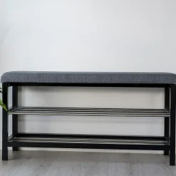 Banc Padova élégant avec coussin et étagères noires - 100x34x50 cm