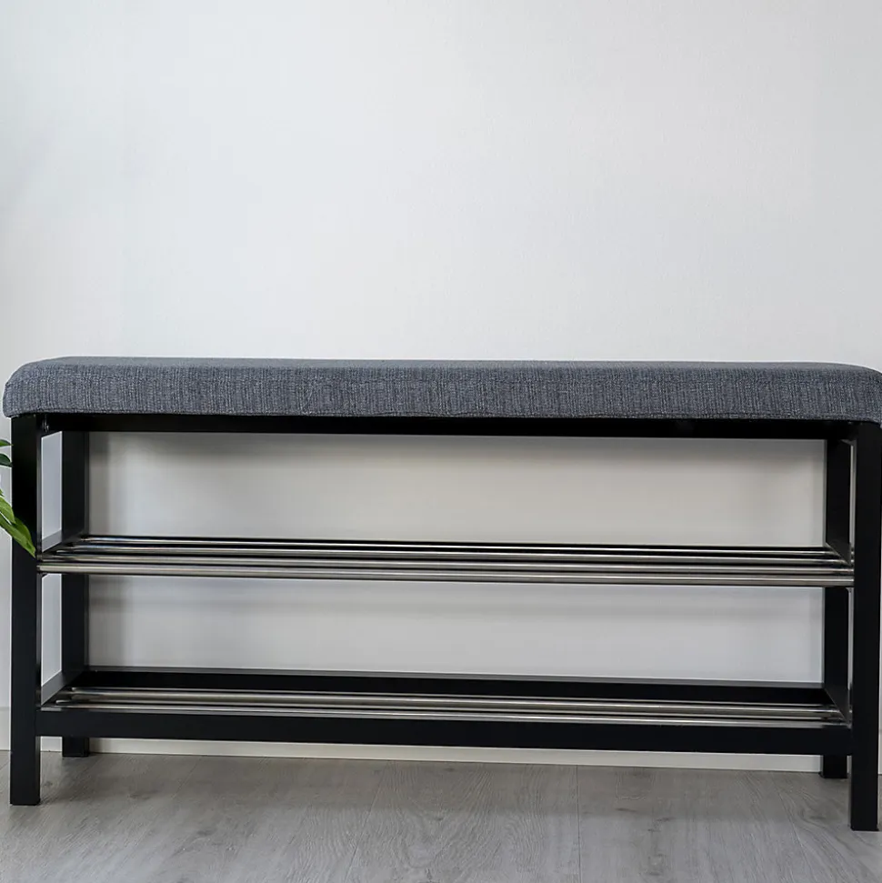Banc Padova élégant avec coussin et étagères noires - 100x34x50 cm