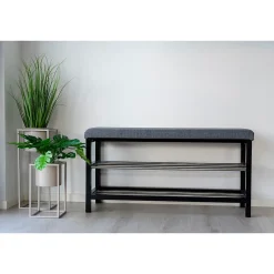 Banc Padova élégant avec coussin et étagères noires - 100x34x50 cm