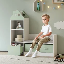 Banc pour enfant avec étagère Vipsali 100 x 99 x 30 cm blanc vert menthe en.casa