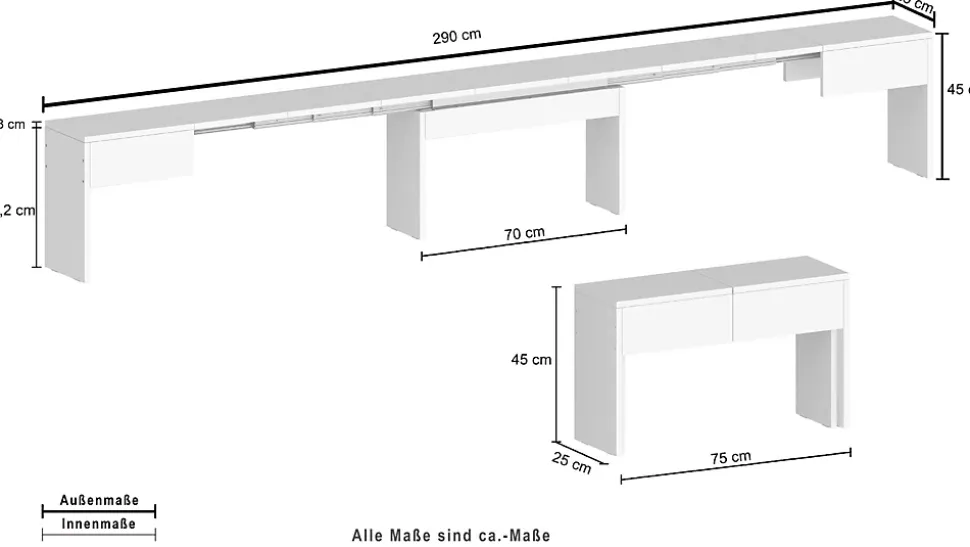 Banc Quedan, Lot de 2 Sièges pour table à manger, Bancs extensibles, 290x25h45 cm, Ardoise