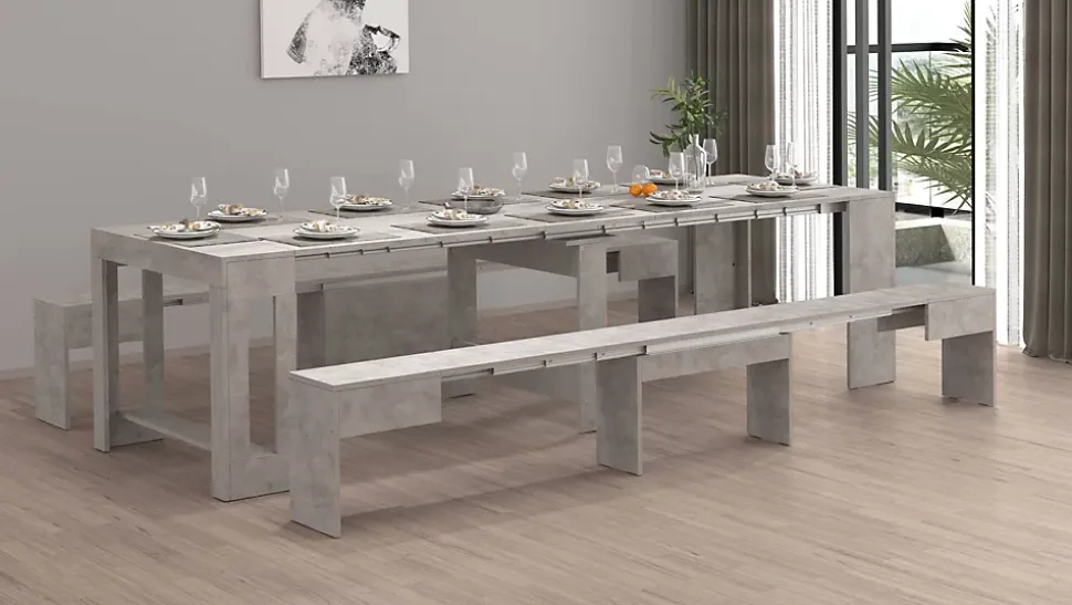 Banc Quedan, Lot de 2 Sièges pour table à manger, Bancs extensibles, 290x25h45 cm, Gris