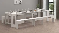 Banc Quedan, Lot de 2 Sièges pour table à manger, Bancs extensibles, 290x25h45 cm, Blanc