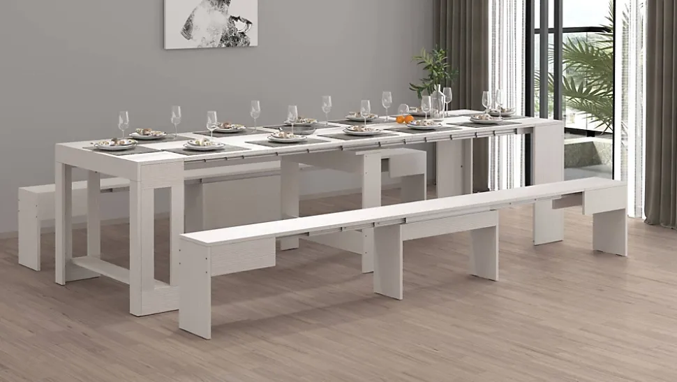 Banc Quedan, Lot de 2 Sièges pour table à manger, Bancs extensibles, 290x25h45 cm, Blanc