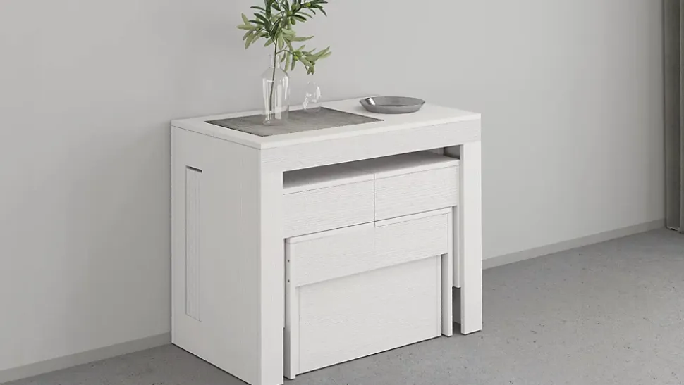 Banc Quedan, Lot de 2 Sièges pour table à manger, Bancs extensibles, 290x25h45 cm, Blanc