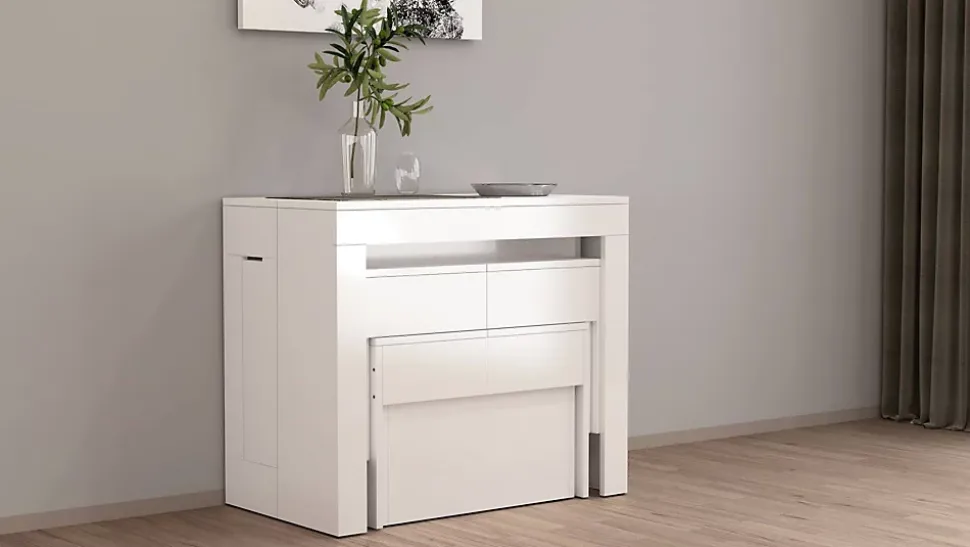 Banc Quedan, Lot de 2 Sièges pour table à manger, Bancs extensibles, 290x25h45 cm, Blanc brillant