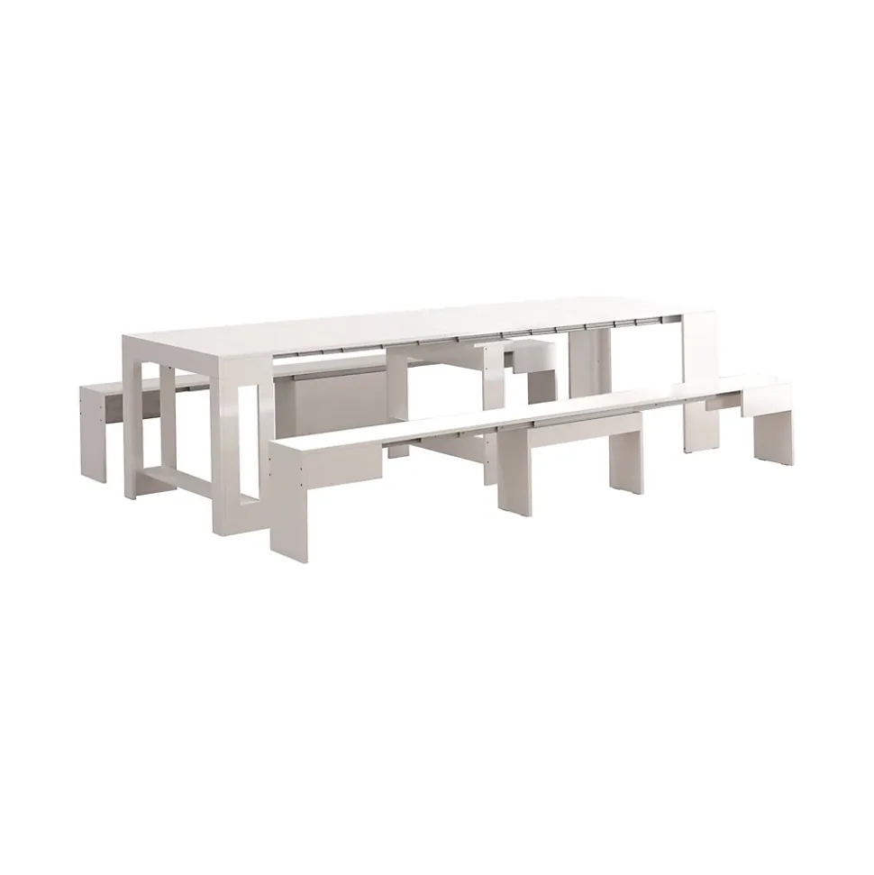 Banc Quedan, Lot de 2 Sièges pour table à manger, Bancs extensibles, 290x25h45 cm, Blanc brillant
