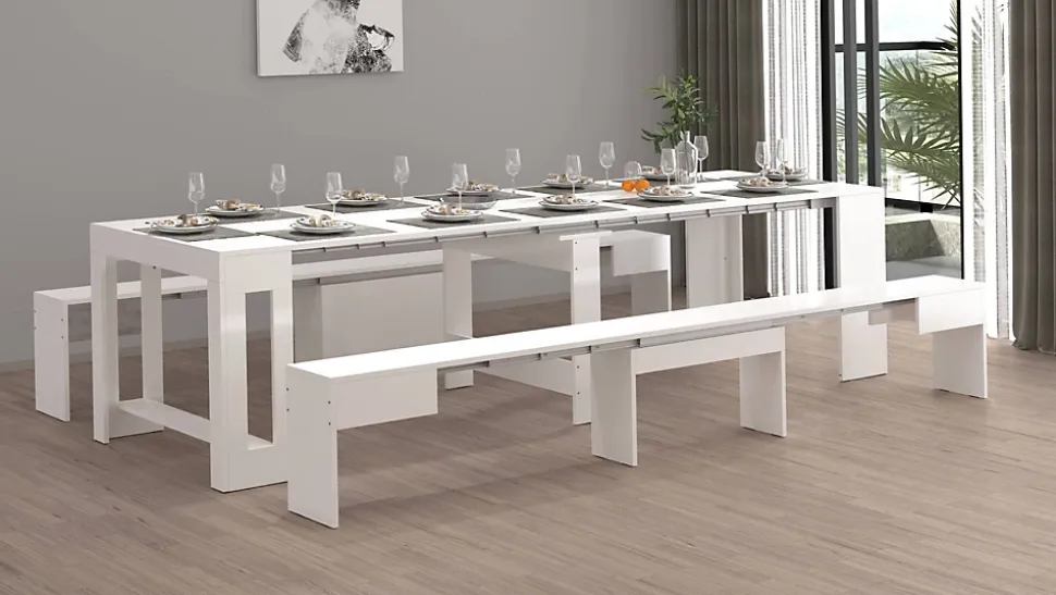 Banc Quedan, Lot de 2 Sièges pour table à manger, Bancs extensibles, 290x25h45 cm, Blanc brillant