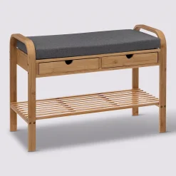 Banc range chaussures pour 4 paires en bambou, avec coussin et 2 tiroirs L.74 x H.55 x P.34 cm, 5Five Jano