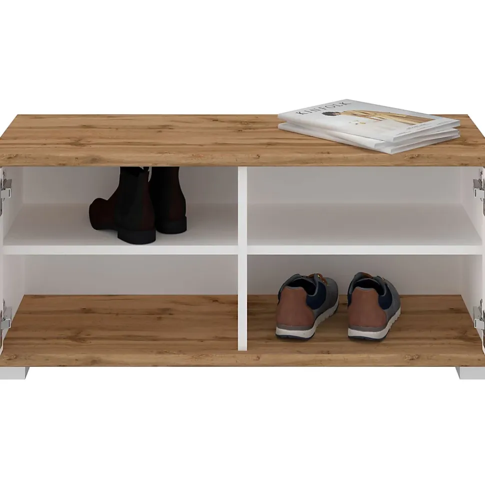 Banc rangement à chaussures VIELLA en mélaminé couleur chêne wotan et blanc