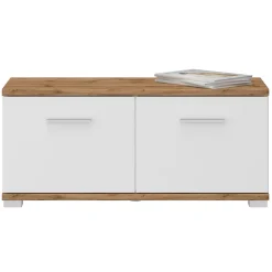 Banc rangement à chaussures VIELLA en mélaminé couleur chêne wotan et blanc