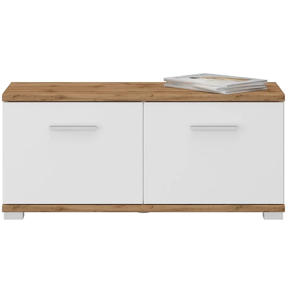 Banc rangement à chaussures VIELLA en mélaminé couleur chêne wotan et blanc