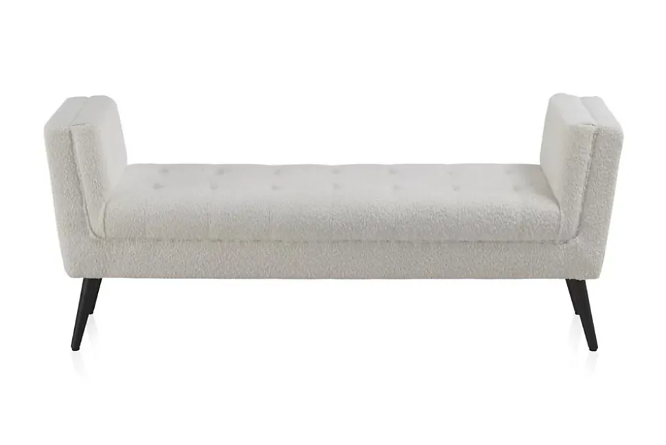 Banc recouvert de tissu blanc et pieds en bois noir