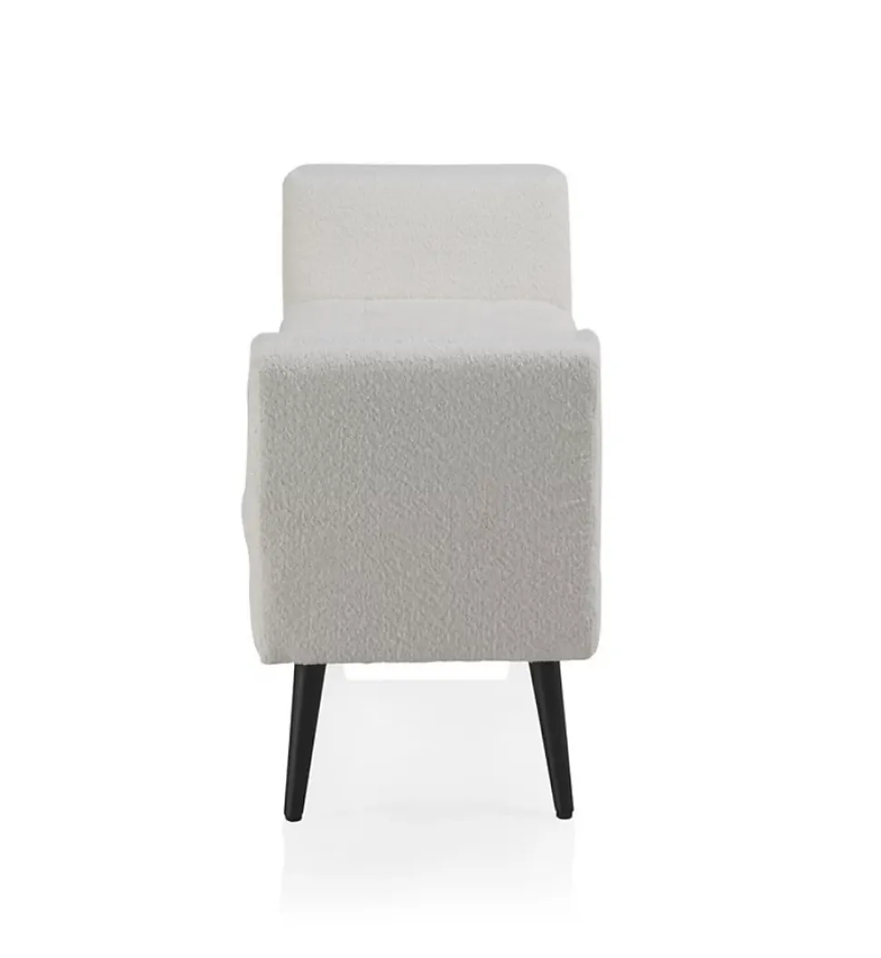 Banc recouvert de tissu blanc et pieds en bois noir