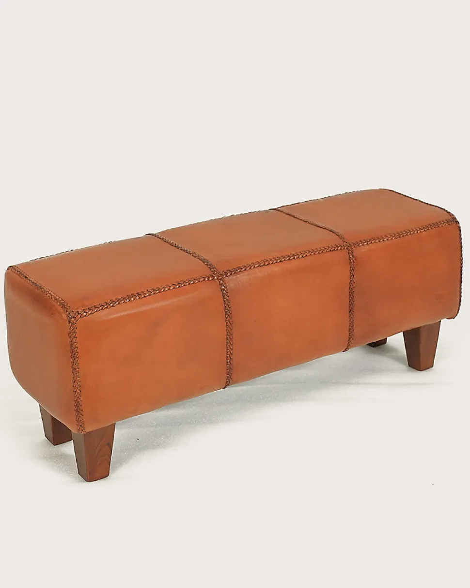 Banc rembourré en teck massif et cuir marron - Uniqka