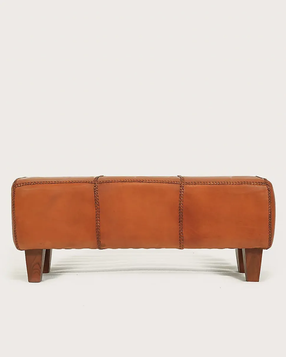 Banc rembourré en teck massif et cuir marron - Uniqka