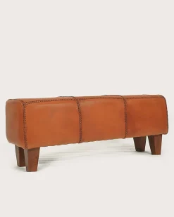 Banc rembourré en teck massif et cuir marron - Uniqka