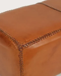 Banc rembourré en teck massif et cuir marron - Uniqka