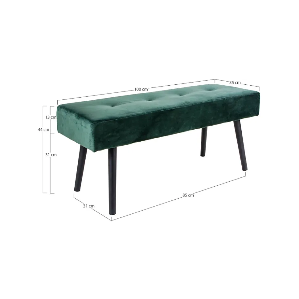 Banc Skiby en Velours Vert Foncé avec Pieds Noirs - 100x35x44 cm, Élégance et Confort