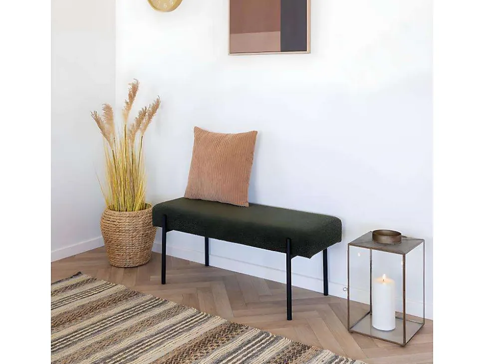 Banc Swindon en Boucle Vert Foncé avec Pieds Noirs - Dimensions 100x36x42,5 cm, HN1241