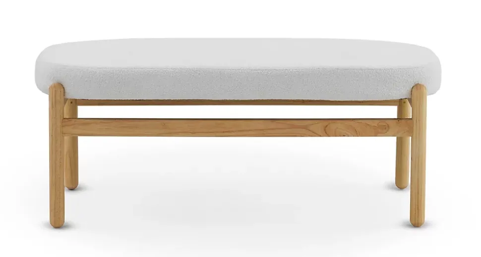 Banc tapissé en boucle blanche avec structure et pieds en pin