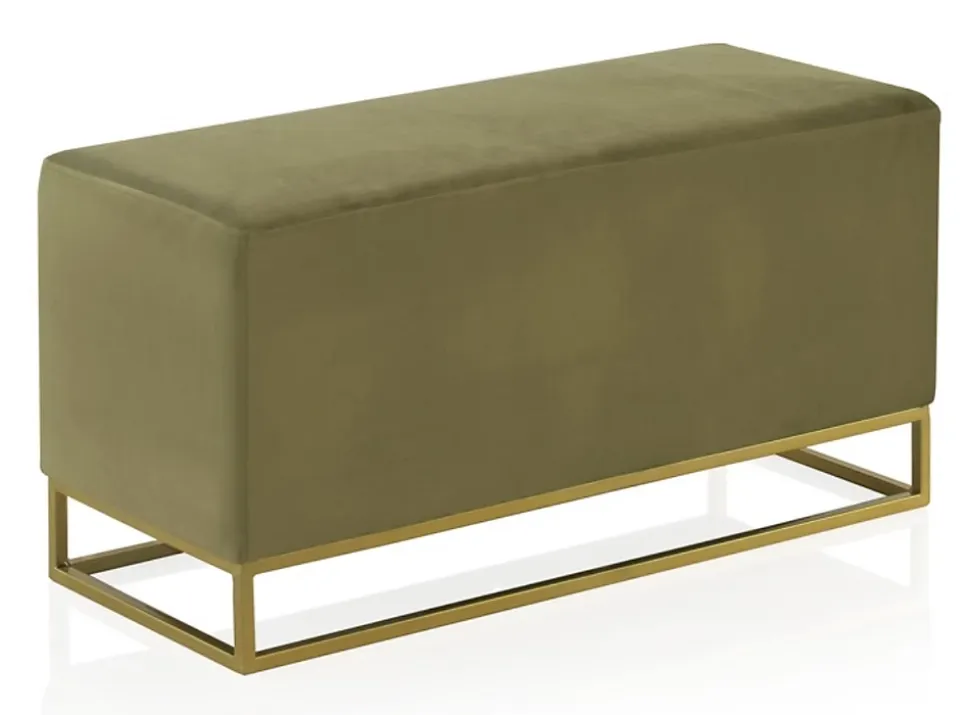 Banc tapissé en tissu velours vert avec base dorée
