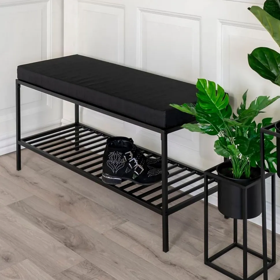 Banc Vita avec Coussin et Étagère Noir - 100x36x48,5 cm pour un Confort Élégant