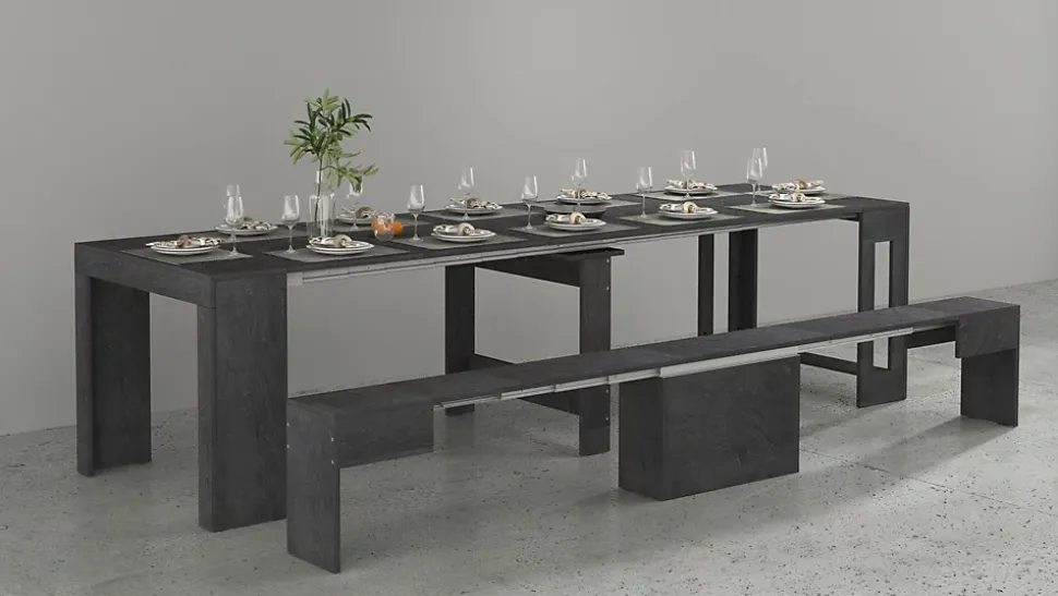 Banc Yutu, Siège pour table à manger, Banc simple extensible, 290x25h45 cm, Ardoise