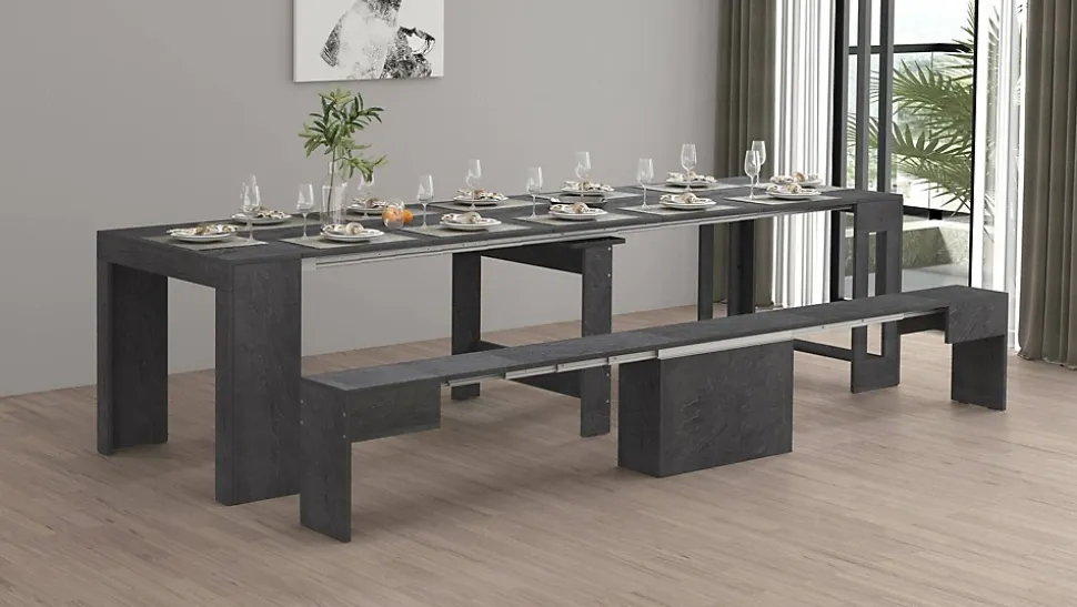 Banc Yutu, Siège pour table à manger, Banc simple extensible, 290x25h45 cm, Ardoise
