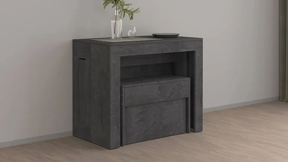 Banc Yutu, Siège pour table à manger, Banc simple extensible, 290x25h45 cm, Ardoise