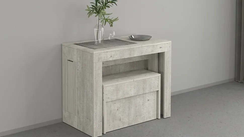 Banc Yutu, Siège pour table à manger, Banc simple extensible, 290x25h45 cm, Ciment