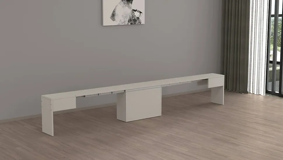 Banc Yutu, Siège pour table à manger, Banc simple extensible, 290x25h45 cm, Blanc
