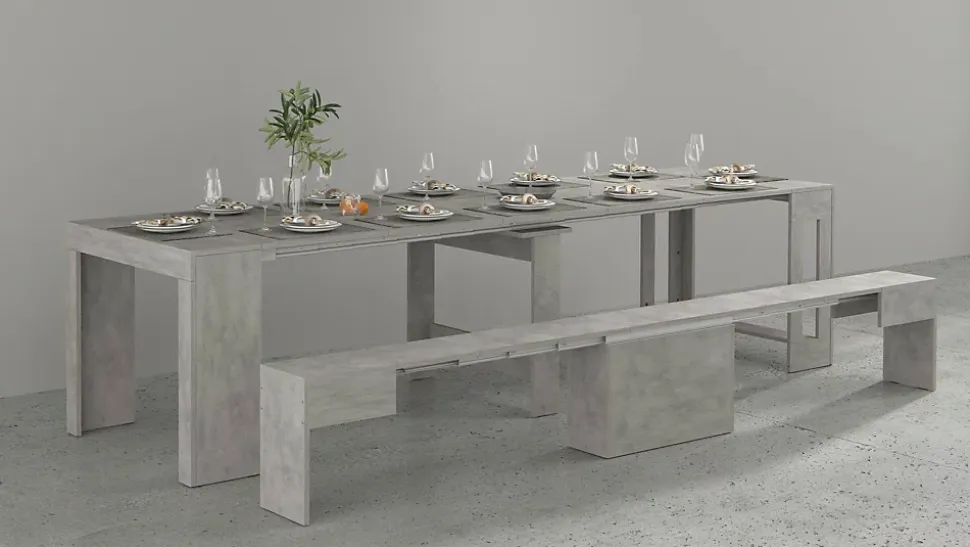 Banc Yutu, Siège pour table à manger, Banc simple extensible, 290x25h45 cm, Gris