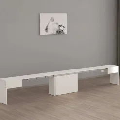 Banc Yutu, Siège pour table à manger, Banc simple extensible, 290x25h45 cm, Blanc brillant