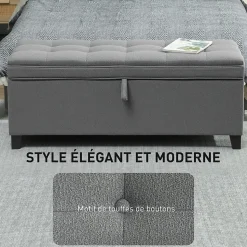 Banquette bout de lit coffre design Chesterfield dim. 120 x 40 x 48 cm tissu gris