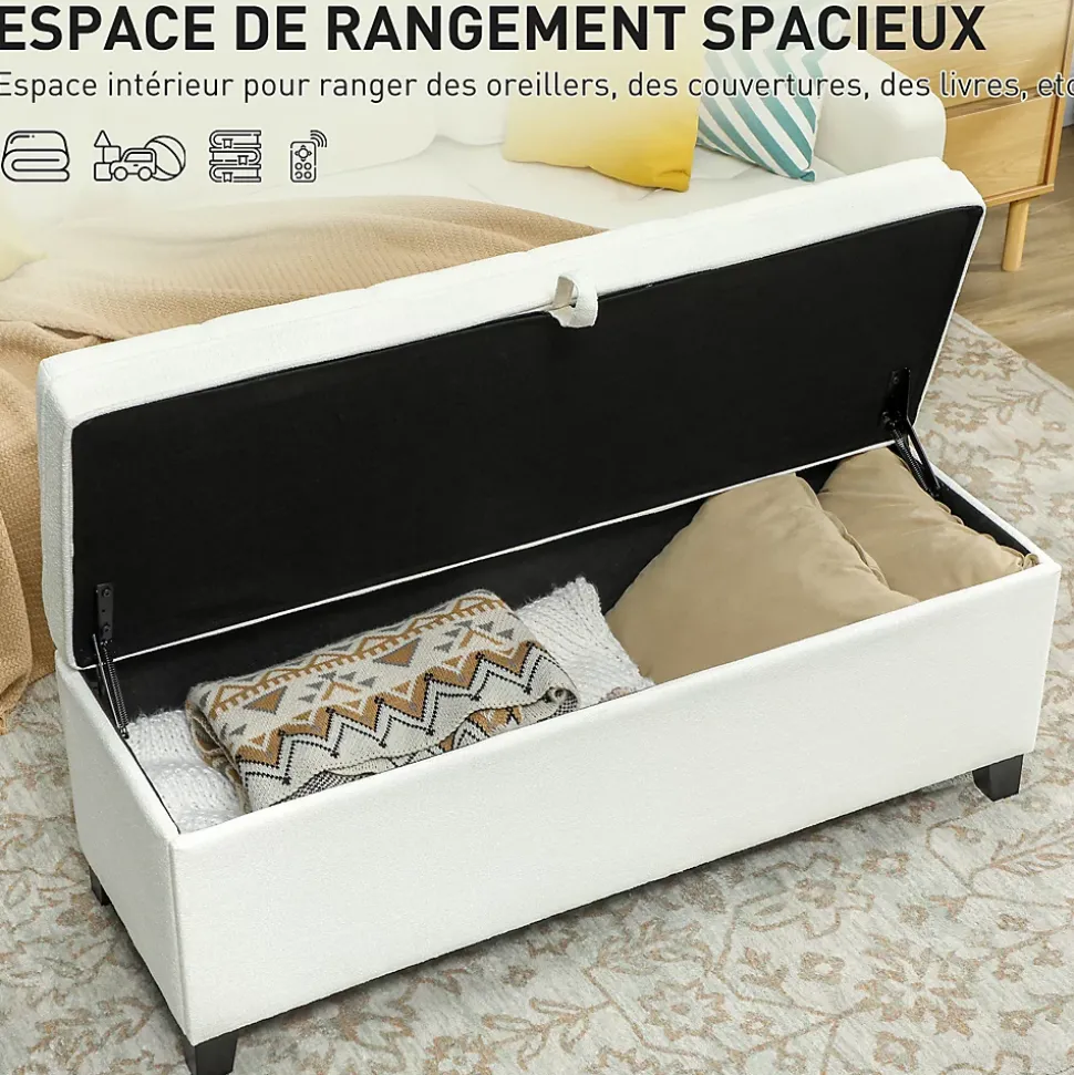 Banquette bout de lit coffre design Chesterfield dim. 120 x 40 x 48 cm tissu écru